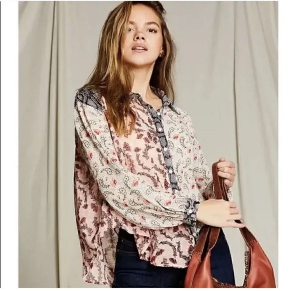 Free People Dani Pink Red Floral Button Down Blouse In Light Combo Women’s SM